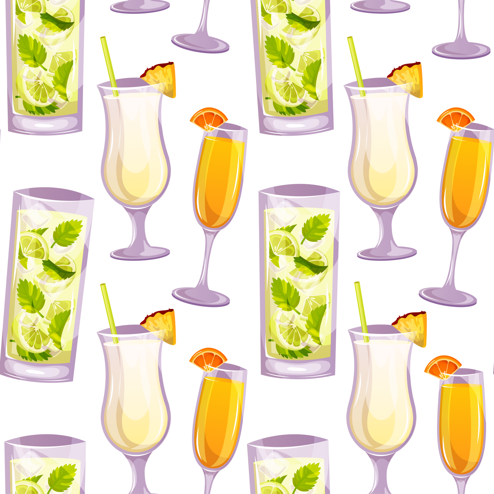 Seamless pattern with mojito, mimosa, pina colada classic cocktail. Alcoholic aperitif cocktails for drinks bar menu.